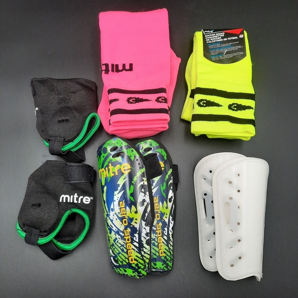 Mitre Junior Soccer Gear Set Socks, Shinguards Supports Neon Colors